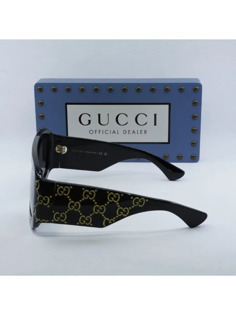 Gucci GG0983S 004 Square Sunglasses - Black With Gold GG Pattern / Grey